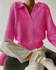 V-neck Knit Pile Collar Polo Sweaters Top