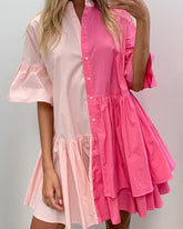 Splicing Shirred Frill Ruffles Sleeve Shirts Mini Dresses