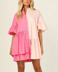 Splicing Shirred Frill Ruffles Sleeve Shirts Mini Dresses