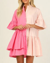 Splicing Shirred Frill Ruffles Sleeve Shirts Mini Dresses