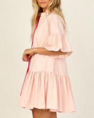 Splicing Shirred Frill Ruffles Sleeve Shirts Mini Dresses