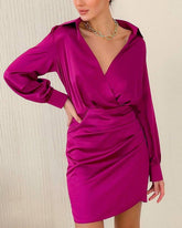V-neck Pile Collar Satin Bodycon Mini Dresses