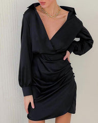 V-neck Pile Collar Satin Bodycon Mini Dresses