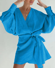 V-neck Vacation Linen Lace-up Mini Dresses