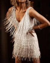 V-neck Backless Tassel Sequins Party Mini Dresses