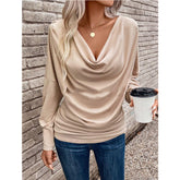 Womens Long Sleeve Ruched Top Slim Fitted Cowl Neck Wrap Shirts with Side Shirring - Zeagoo (Us Only)