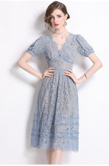 V-neck Vintage Lace Puff Sleeve Single-breasted Midi Dresses