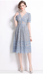 V-neck Vintage Lace Puff Sleeve Single-breasted Midi Dresses