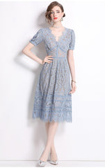 V-neck Vintage Lace Puff Sleeve Single-breasted Midi Dresses