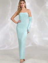Mira pearls strapless maxi dress with one shoulder glove