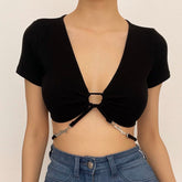 Short sleeve v neck metal letter self tie back crop top