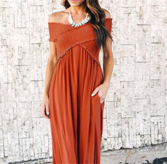 Wrinkle Off The Shoulder Party Vacation Maxi Dresses