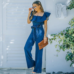 Tube Top One Shoulder Wide-leg Ruffles Denim Jumpsuit