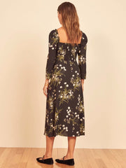 Vintage Backless Square Collar Floral Midi Dresses