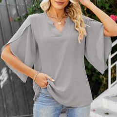Chiffon Flutter Sleeve V-Neck Tunic Blouse T-Shirt Casual Chic Elegant Top