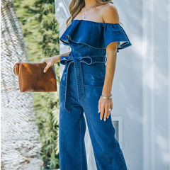 Tube Top One Shoulder Wide-leg Ruffles Denim Jumpsuit