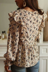 V-neck Ruffled Single-breasted Floral Blouses Shirts
