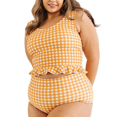 Checked & Floral Print Stunning Ruffle Tankini