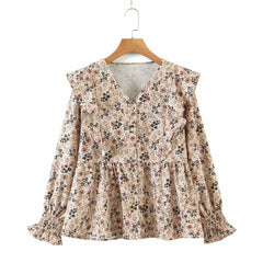 V-neck Ruffled Single-breasted Floral Blouses Shirts