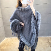 Tassel Hem Fur Collar Pullover Sweater Cloak Shawl Cape