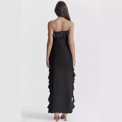 Ruffled Square Collar Long Formal Dress Sleeveless Slit Evening Dress