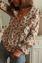 V-neck Ruffled Single-breasted Floral Blouses Shirts