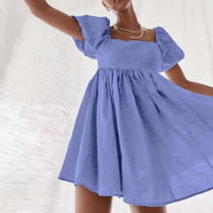 Square Collar Lantern Bubbles Sleeve Skater Party Mini Dresses