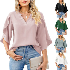 Chiffon Flutter Sleeve V-Neck Tunic Blouse T-Shirt Casual Chic Elegant Top