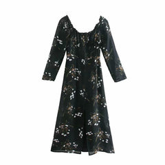 Vintage Backless Square Collar Floral Midi Dresses