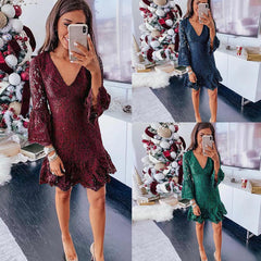 V-neck Ruffled Flared Sleeve Lace Mini Dresses