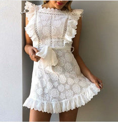 White Embroidered Lace Flower Seeveless Bodycon Mini Dresses