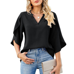 Chiffon Flutter Sleeve V-Neck Tunic Blouse T-Shirt Casual Chic Elegant Top