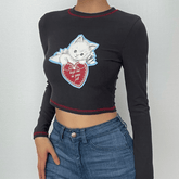Cat pattern stitch contrast long sleeve crewneck top