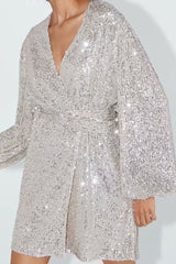 V-neck Sequins Puff Sleeve Lace-up Mini Dresses