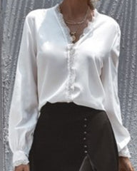 V-neck Lace Lantern Sleeve Single-breasted Shirts Blouses
