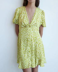 V-neck Puff Sleeve Single-breasted Floral Mini Dresses