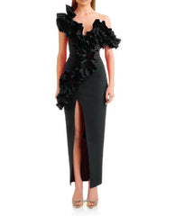 Amelia Ruffled Detail High Slit Maxi Dress