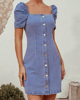 Square Collar Puff Sleeve Single-breasted Denim Mini Dresses