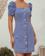 Square Collar Puff Sleeve Single-breasted Denim Mini Dresses