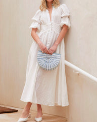 White Retro Palace V-neck Single-breasted Party Maxi Dresses