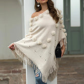 Tassel Fringed Pullover Bead Pompom Collar Sweater Cloak Shawl Cape