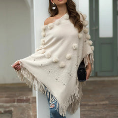 Tassel Fringed Pullover Bead Pompom Collar Sweater Cloak Shawl Cape