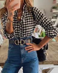 V-neck Ruffled Collar Plaid Blouse Shirts