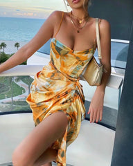 Tie Dye Vintage Irregular Hem Floral Bodycon Party Midi Dresses