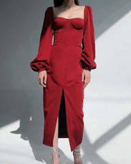 Square Collar Bubble Sleeve Slit Leg Party Bodycon Midi Dresses Black