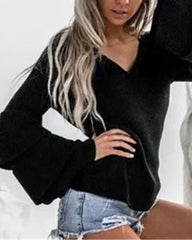 V-neck Flared Sleeve Sweater Tops