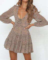 V-neck Lace-up Shirred Frill Polka Dot Floral Mini Dresses