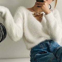 V-ncek Knit Furry Shirts Sweaters Blouses