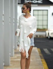Tassel Fringed Pullover V-neck Collar Pompom Sweater Cloak Shawl Cape