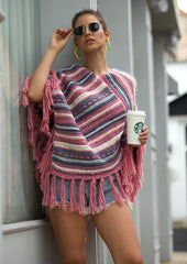 Tassel Fringed Pullover Diagonal Stripes Sweater Cloak Shawl Cape